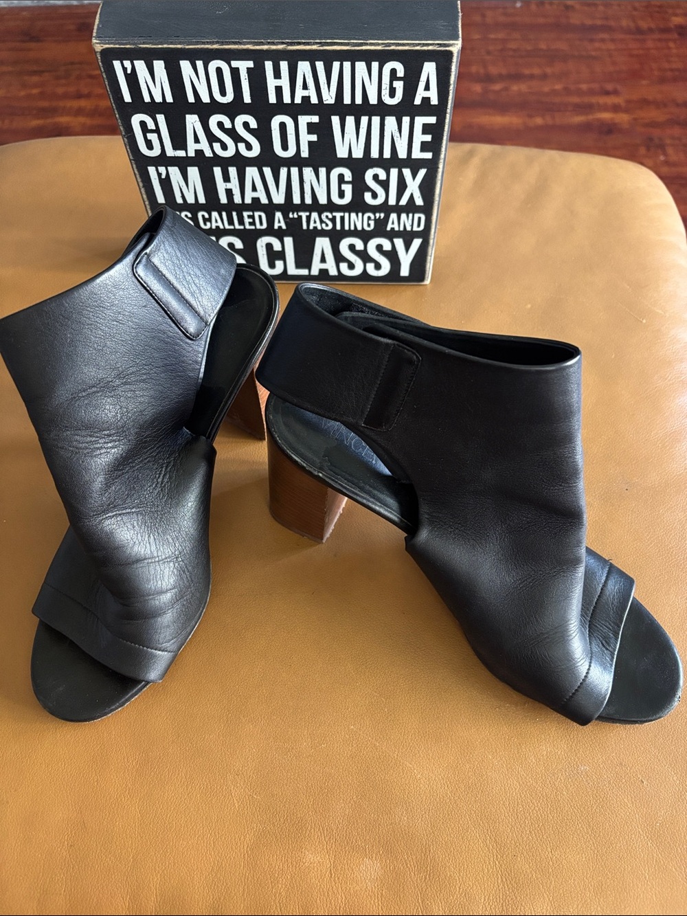 Vince Black Leather Open-Toe Chunky Heeled Ankle Booties
